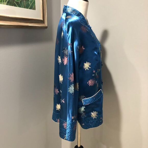 Vintage Silk Blue Ivory Embroidered Kimono Reversible Floral Jacket Large - Picture 4 of 13